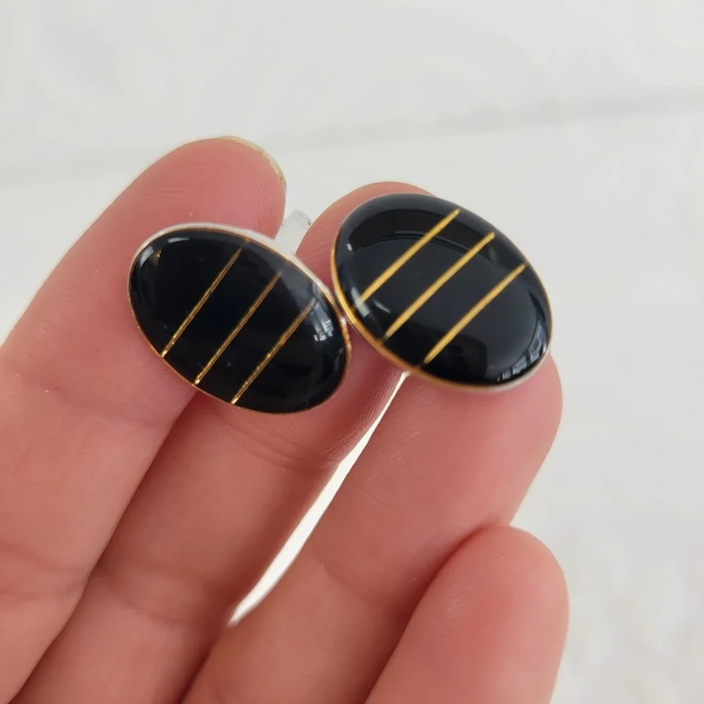 Vintage Black Enamel‎ Oval Cufflinks Gold Silver Tone Formal Onyx Style